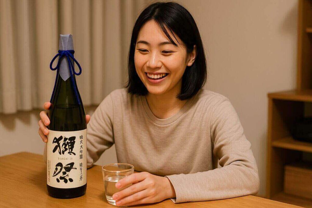 獺祭二割三分を楽しんでいる女性