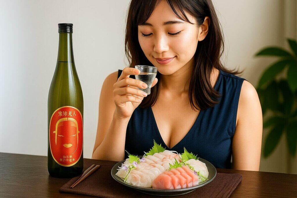 東洋美人を飲んで刺身を楽しむ女性
