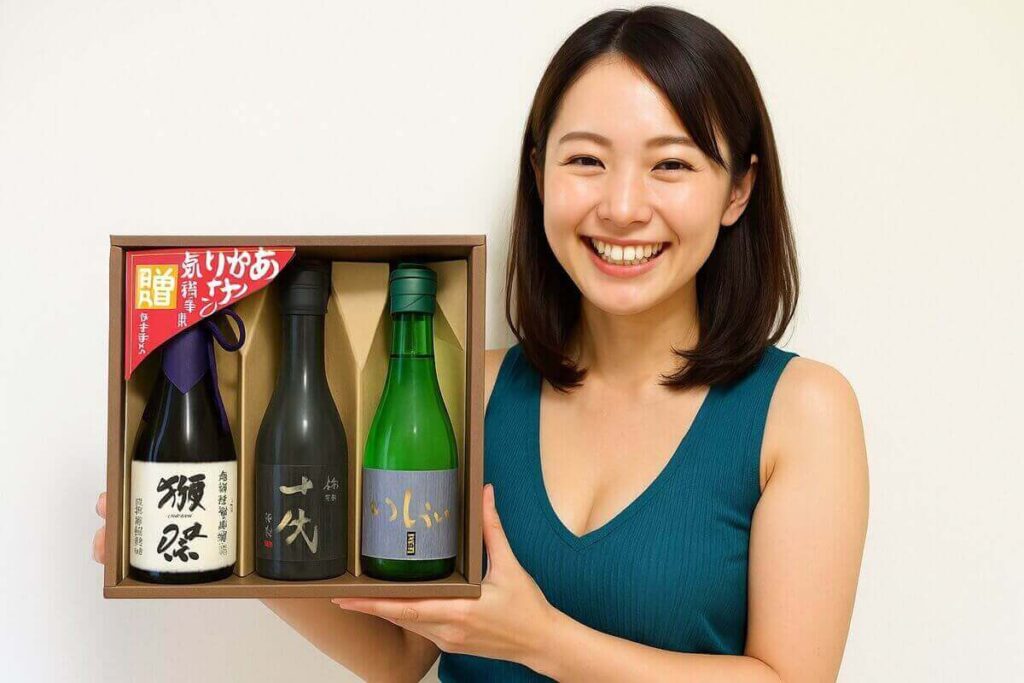 獺祭23と十四代と黒龍いっちょらいのセットを持った女性