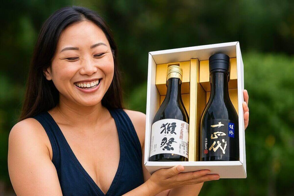 十四代と獺祭のセットを持つ女性