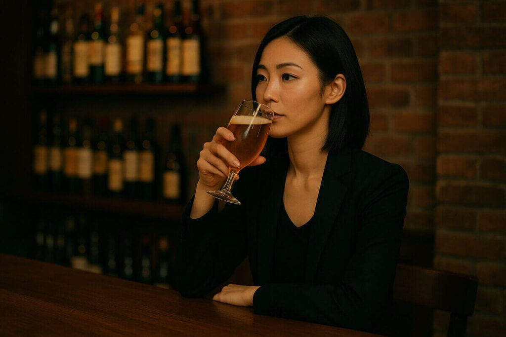 カウンター席でお酒を飲む女性