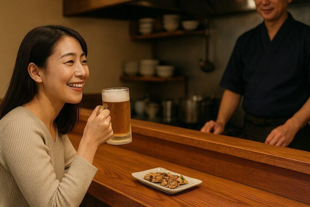 居酒屋で一人飲みをする女性