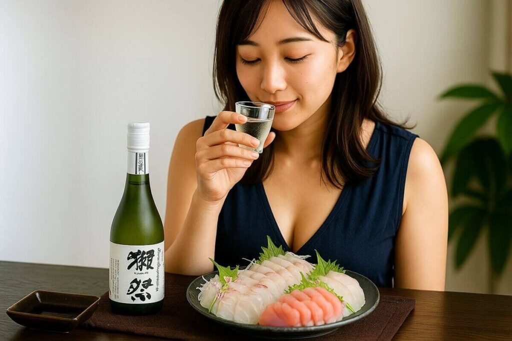 刺身を肴に獺祭三割九分を楽しむ女性