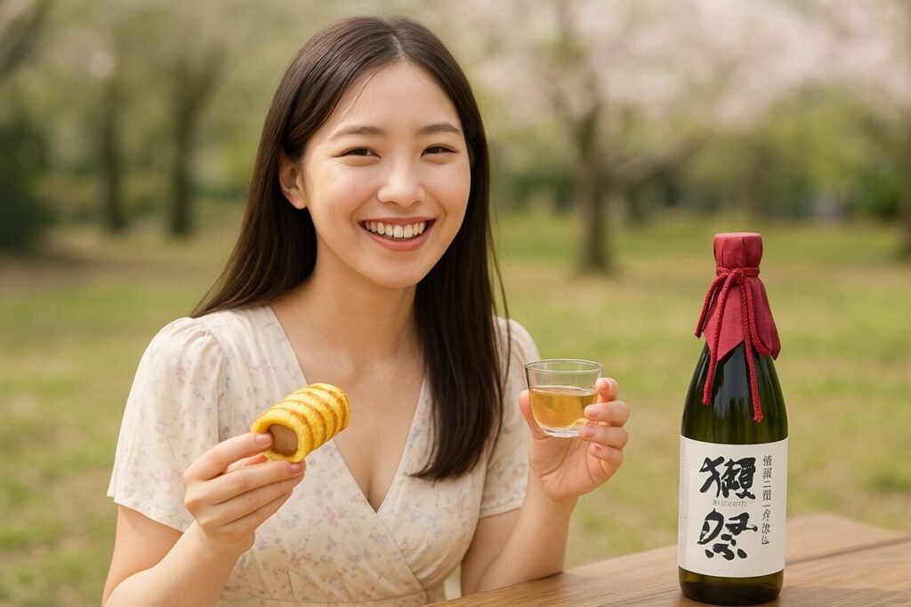 獺祭梅酒と徳島名物とら巻を楽しんでいる女性