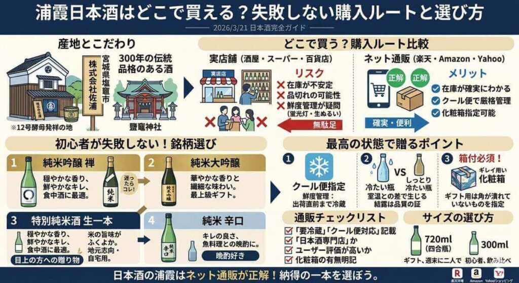 日本酒の名酒、浦霞はどこで買うのが正解?実店舗と通販の管理状態を徹底比較。ギフトで失敗したくない方へ、日本酒専門店が教える後悔しない選び方と購入ルートを解説します。人気の「禅」も浦霞をどこより納得の状態で手に入れましょう。