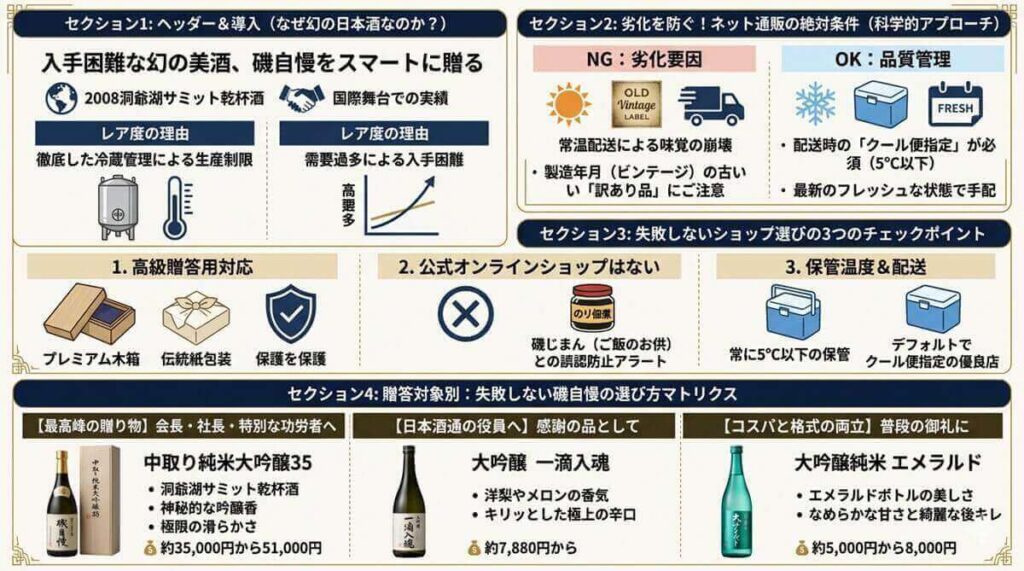 磯自慢はなぜ入手困難?磯自慢を大切な人に贈りたい多忙な方へ。ネット通販で劣化を防ぎ、確実に入手困難な大吟醸を手配する安心のショップ選びを解説します。クール便の必要性や人気ランキング、ギフト包装のチェック項目まで、失敗しない高級ギフトの選び方を網羅。